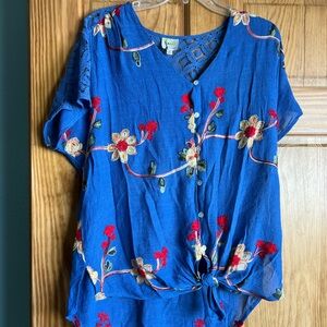 Fig and Flower Graphic Blue Tie Front Blouse